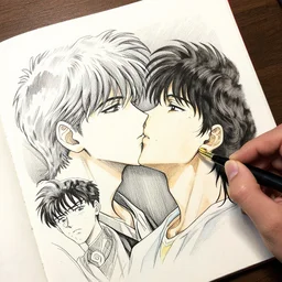 Her kiss made music my lips couldn't wait to taste , pen and ink, intricate line drawings, by Yoshitaka Amano, Ruan Jia, Kentaro Miura, Artgerm, watercolor