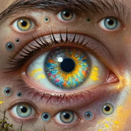 A beautiful mixed mediart a large eye that is looking directly at the viewer. The eye is composed of a myriad of colors and patterns, and it is surrounded by smaller eyes. The smaller eyes appear to be in a state of hypnosis, and they are looking in different directions. astrophotography, bright yellow by Peter Kemp, by John Butler Yeats dismal
