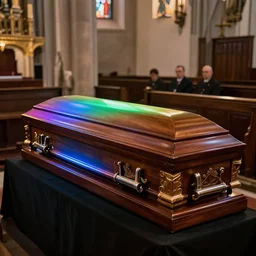 A funeral photo with a RGB coffin in a church, RGB coffin in a church, coffin with RGB lighting at a funeral in a church