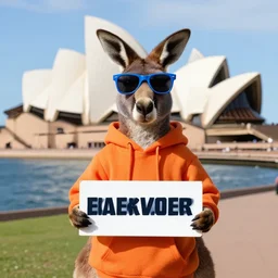 A portrait photo of a kangaroo wearing an orange hoodie and blue sunglasses in front of the Sydney Opera House holding a sign on the chest, subject: kangaroo, subject detail: wearing orange hoodie, wearing blue sunglasses, subject location: sydney opera house, subject action: holding sign
