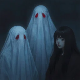 portrait of a blue ghost with red eyes by Sean Yoro, Chie Yoshii and Martine Johanna, dark, moody, foggy, gloomy, high details, washed colors
