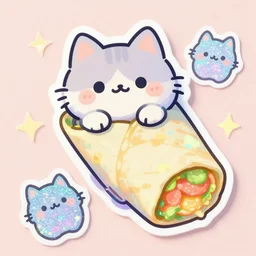 a cat burrito, puffy sticker, glitter sticker, kawaii by studio ghibli, by lisa frank 8 k pastel colours, neon colours, fluorescent colours,