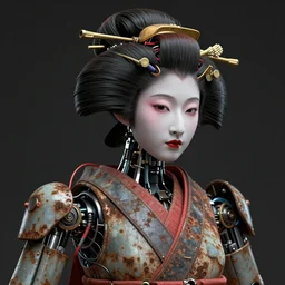 portrait of a slightly rusty, beaten - up japanese robotic geisha with wires and actuators, dramatic lighting, hyper - realistic, ultra - realistic, intricate details, 8 k ultra high definition, digital art