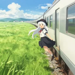 beautiful hyper detailed scene render of cute anime girl with long white hair and a round hat wearing a black and white school uniform with a red ribbon standing on the edge of a moving train in the middle of grass fields on a windy and sunny day, in the style of makoto shinkai victo ngai and peter mohrbacher studio ghibli artgerm karol bak beeple, animation style, 8 k hd, dream, trending on cgsociety, trending on artstation, ultra wide angle, animation style, hyperrealism