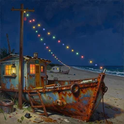 painting by dean cornwell, ilya repin, nc wyeth painting, ultra wide, vanishing point, 3 d perspective, beached, end of evangelion, award winning, up close, climbing, beaching, rust, midnight, junk town, lanterns, makeshift house, colorful lightbulb festoon lights, telephone pole