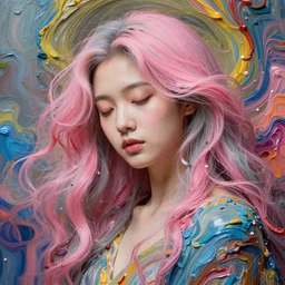 a portrait of a very beautiful young asian goddess with pink and grey hair radiating an artwork made of swirling paint and impasto, sleepy eyes by wlop and botticelli, background is multicoloured volumetric displacement, hyperrealism, 8 k