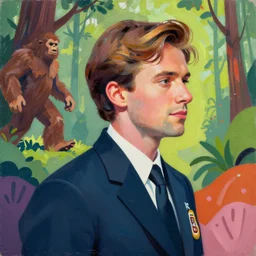 greg manchess portrait painting of young david duchovny from x - files, in his fbi agent suit, forest with bigfoot in the background, bright colours, medium shot, asymmetrical, profile picture, organic painting, sunny day, matte painting, bold shapes, hard edges, street art, trending on artstation, by huang guangjian and gil elvgren and sachin teng