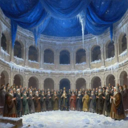 polovstian choir in a colloseum, winter, icicles, blue hanging drapery on ceiling showing stars, digital painting, fantasy, art by alexandre mahboubi christophe oliver jan brueghel the elder