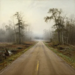 corduroy road, dangerous swamp, foggy, hudson river school painting, naturalism