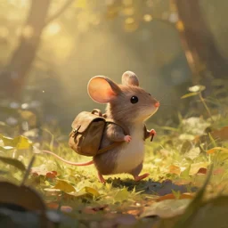 a cute vagabond mouse character carrying a rucksack on a stick walks through large leaves. digital painting. light streaks. golden hour. trending on art station. large paint strokes. photorealistic. depth. shading. bokeh