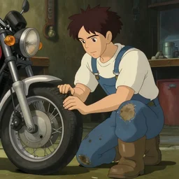 a wholesome animation key shot of keanu reeves as an auto mechanic, dressed in an oily pair of torn overalls, white t - shirt and brown boots repairing the tires of a motorcycle in the workshop garage, medium shot, waist up, studio ghibli, pixar and disney animation, sharp, rendered in unreal engine 5, anime key art by greg rutkowski, bloom, dramatic lighting