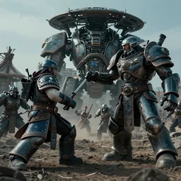 vfx film closeup, futuristic mongolian biker warriors, war hammer 4 0 k, godking armor, sci - fi mongolian village, robot stand - off, war, battlefield, flat color profile low - key lighting award winning photography arri alexa cinematography, hyper real photorealistic cinematic, atmospheric cool colorgrade