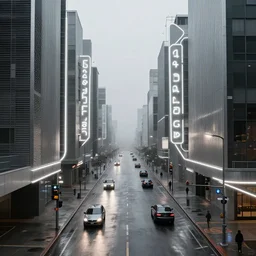 high resolution photograph, streetscape, simple brutalist architecture, metal, concrete, wet streets, white neon lights, neon signs, floating cars, pedestrians, street lights, traffic lights, greg rutkowski, syd mead, ralph mcquarrie, concept art, matte painting, finely detailed, minimal artifacts, rule of thirds, dynamic lighting, cinematic, denoised, centered, artstation
