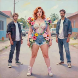 still from music video of barbara palvin from die antwoord standing in a township street, wearing street fashion clothing and flowers, haute couture, full figure portrait painting by martine johanna, ilya kuvshinov, rossdraws, pastel color palette, pincushion lens effect