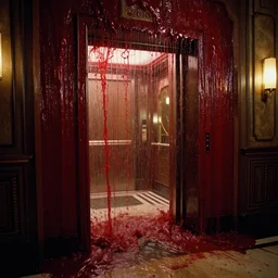 detailed photorealistic color cinematography of a wall of dark red fluid spraying out of a totally flooded elevator door, opening and flooding a art deco lobby with from stanley kubrick's 1 9 8 0 film the shining, inside the elstree studios soundstage set for the overlook hotel interior shot on 3 5 mm eastman 5 2 4 7 film by the shining cinematographer john alcott shot on a 1 8