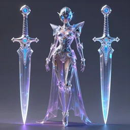a full body character design by artgerm, cushart krenz, greg rutkowski and alphonse mucha. sci - fi dagger. laser and bluish violet translucent plastic tape project show attctive showgirl!! sci - fi helmet!! sharp edges. ultra clear detailed. contour light effect!! 8 k. ultra detailed, elegant, intricate, octane render.
