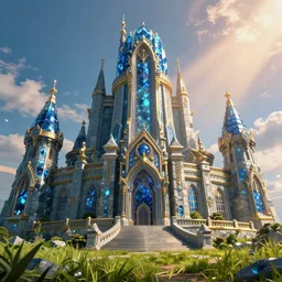 an imposing and highly ornamented fantasy castle, carved from sapphire stone, epic sky, detailed, concept art, low angle, high detail, warm lighting, volumetric, godrays, vivid, beautiful, trending on artstation, by jordan grimmer, huge scene, grass, art greg rutkowski