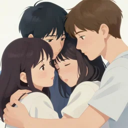 painting of 3 young people cuddling, romantic, group hug, highly detailed, close - up, smooth, stylized, vector line art, clean cel shaded vector art, by lois van baarle, ross tron, artgerm, helen huang, makoto shinkai, ilya kuvshinov, rossdraws