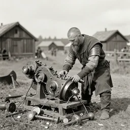 wise angle photo of viking in armor working on the mechanical ancient device, tools and junk on the ground,wires and lights, old village in the distance, vintage old photo, black and white, sepia