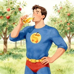 cider - man, the superhero who really likes apple juice, in an orchard. this watercolor painting by the award - winning comic artist has dramatic lighting, an interesting color scheme and great sense of depth.