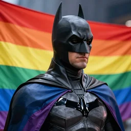 Batman wearing a rainbow flag. cinematic, hyper realism, high detail, 8k, Vibrant colors, Smooth gradients, High contrast, depth of field