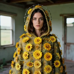 a woman wearing a hooded cloak made of zinnias and barbed wire, in a derelict house, by Mario Testino, natural light, detailed face, CANON Eos C300, ƒ1.8, 35mm, 8K, medium-format print