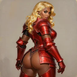 Picture of Female Paladin, bulky armor, metallic red, golden hair, dark brown skin, becautiful face, pin-up poster girl, side angle, shaped derriere focus, by wlop, artgerm and genzoman, painting, HD
