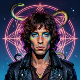 a cyberpunk portrait of jim morrison by jean - michel basquiat, by hayao miyazaki by artgerm, highly detailed, sacred geometry, mathematics, snake, geometry, cyberpunk, vibrant, water