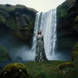 dark and moody photo by ansel adams and wes anderson, a giant tall huge woman in an extremely long dress made out of waterfalls, standing inside a green mossy irish rocky scenic landscape, huge waterfall, volumetric lighting, backlit, atmospheric, fog, extremely windy, soft focus