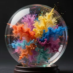 big explosion of colors indide a glass shpere,cinematic composition,cinematic lighting,bright colors,hyper realistic,photo real ,highly detailed, concept art, hdri, 4k