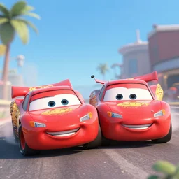 a photo from the movie cars, where lightning mcqueen gets into a greusome car accident with tow mater. rendered in 4 k with presto animation software.