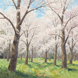 a traditional gouache painting of trees in a bloomy forest with a sky background, panorama, a matte painting by makoto shinkai, ghibli, deviantart, matte drawing, concept art, matte painting