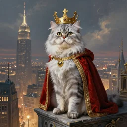 a fantasy painting of an anthropomorphic silver brindle persian cat!!!!!! dressed with owl's eyes, as a renaissance king, standing on a skyscraper overlooking a vast city, cinematic, beautiful lighting, dramatic