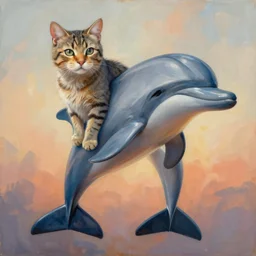 painting of hybrid between cat & dolphin, intercrossed animal, mixture animal, by tiffany bozic, by zdzislaw beksinski, logical anatomy, cold hue's, warm tone gradient background, concept art, beautiful composition, digital painting,