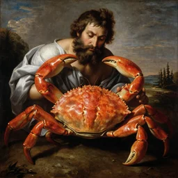 High detailed painting of a bearded Hercules hugging a giant red crab, by Giambattista Tiepolo, 1736
