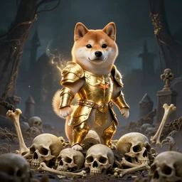 anthropomorphic shiba inu, gold armor, standing on pile of skulls, graveyard full of bones and skulls, stuning fantasy 3 d render, masterpiece, glowing dark aura, by donato giancola and greg rutkowski and wayne barlow and zdzisław beksinski, realistic face