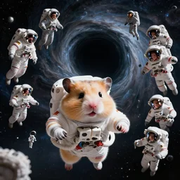 face hamster astronaut floating in space towards a large swirling black hole, Alena Aenami, Petros Afshar, Noah Bradley, Anton Fadeev, Anato Finnstark, Steve Henderson, Filip Hodas, Mark Keathley, Thomas Kinkade, Phil Koch, Gilbert Williams, Mike Winkelmann, Beeple