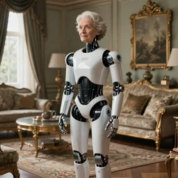 old woman stand-off sleek clean humanoid assistant robot in a glamorous livingroom by Roger Deakins