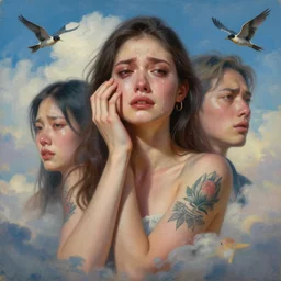 3 d, crying fashion model, tattoo, sky, birds, poster art, high detail, intricate oil painting, multiple exposure, heaven mood, hyperrealism, 3 d, by stanley kubrick mood and tooth wu and wlop and beeple and greg rutkowski