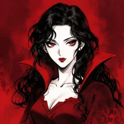 vampire girl with wavy black hair wearing red, dark background, ink, cel shaded, anime, ilya kuvshinov, guweiz, svetlana tigai, greg rutkowski, studio trigger, ross tran, loish