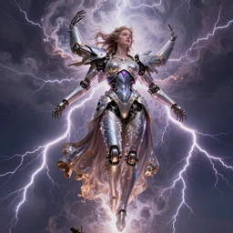 The majestic goddess of lightning is descending from sky. By (Rembrandt painting(100)(fractal flame)), psychedelic, mech, pearlized, highly detailded