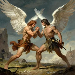 jacob fighting the angel in the book of genesis, wide shot, full shot, by greg rudowski and james gurney, trending on artstation