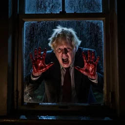 photo of the inside of a dark old rainy bedroom window at night, dimly lit creepy | screaming face of boris johnson staring in and pressing his face against the window and his bloody hands pressed against the window, horror, scary face, demonic face,