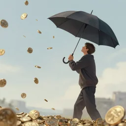 coins falling from the sky and hits a man with a umbrella, artstation