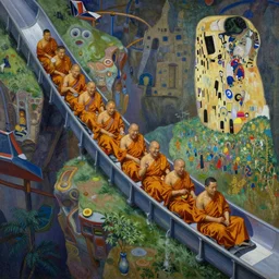 painting of laughing!!!!!!!!!!!!!!!!!!! and buddhist monks sliding down a huge theme park waterslide at edge of the world by waterhouse!!!!!!!!, craig mullins!!!!!!, ruan jia, gustave klimt