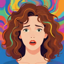 a colorful vibrant closeup portrait of a simple caucasian woman with curly mid length brown hair with a fearful afraid shocked aesthetic face and dreaming psychedelic hair, by kawase hasui, moebius, edward hopper and james gilleard, zdzislaw beksinski, steven outram colorful flat surreal design, hd, 8 k, artstation