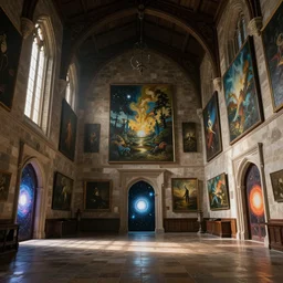 giant medieval great hall room with walls filled with modern art paintings, doors that are cosmic portals, painting by Artgerm