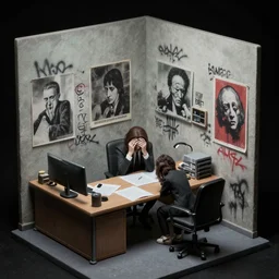 theme of despair and desperation, office in miniature, office walls sprayed with graffity and smut pictures, in the style of beksinski, parts by edward hopper, parts by michael sowa, parts by yue minjun, intricate composition by bosch, red by caravaggio, insanely quality and details, masterpiece