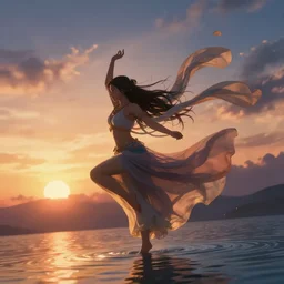 Himalayan priestess dancing on water, beautiful flowing fabric, sunset, dramatic angle, 8k hdr pixiv dslr photo by Makoto Shinkai and Wojtek Fus