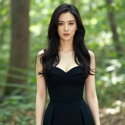 medium shot photo portrait of a beautiful woman wearing a black gown stands in a bright forest, beautiful face, by Steve McCurry